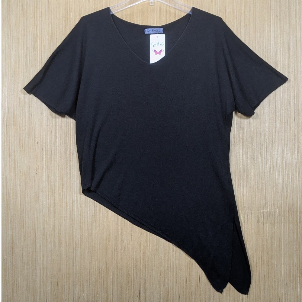 Gigi Moda Black‎ Asymmetrical V Neck Tunic Top Italy Handmade Women's Medium New